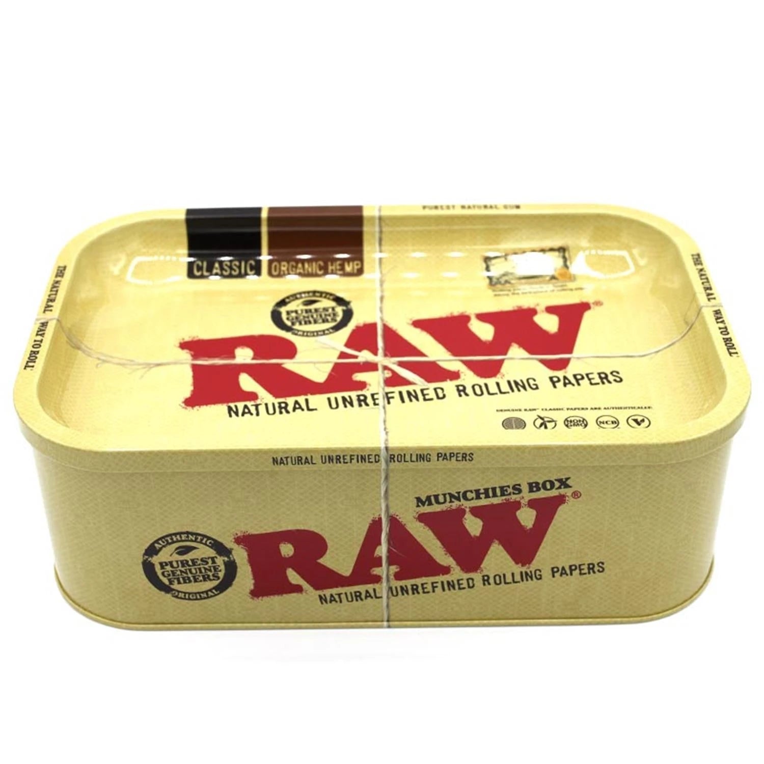RAW Munchies Box goldene Metalldose geschlossen, Seitenansicht, Natural Unrefined Rolling Papers, Classic Organic Hemp, Purest Genuine Fibers